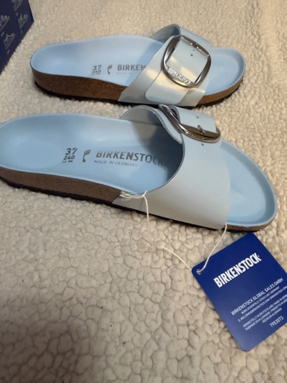 Birkenstock Madrid Big Buckle Sandal New in Box- Baby Blue High Shine size 6-6.5